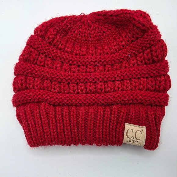 CC Kids Solid Red Knit Beanie Ribbed Soft Warm Winter Outdoors Casual Comfort - Picture 1 of 7